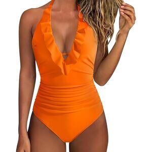 New Medium V Neck Halter, Ruffle, Tummy Control One Piece Swimsuit in Orange